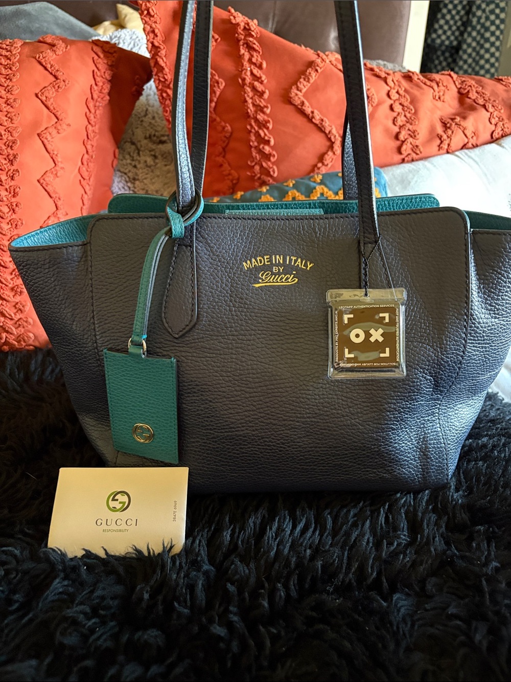 Gucci Navy Leather Tote with Teal Trim with COA